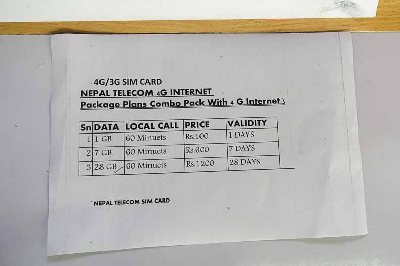 ネパールテレコムの料金表